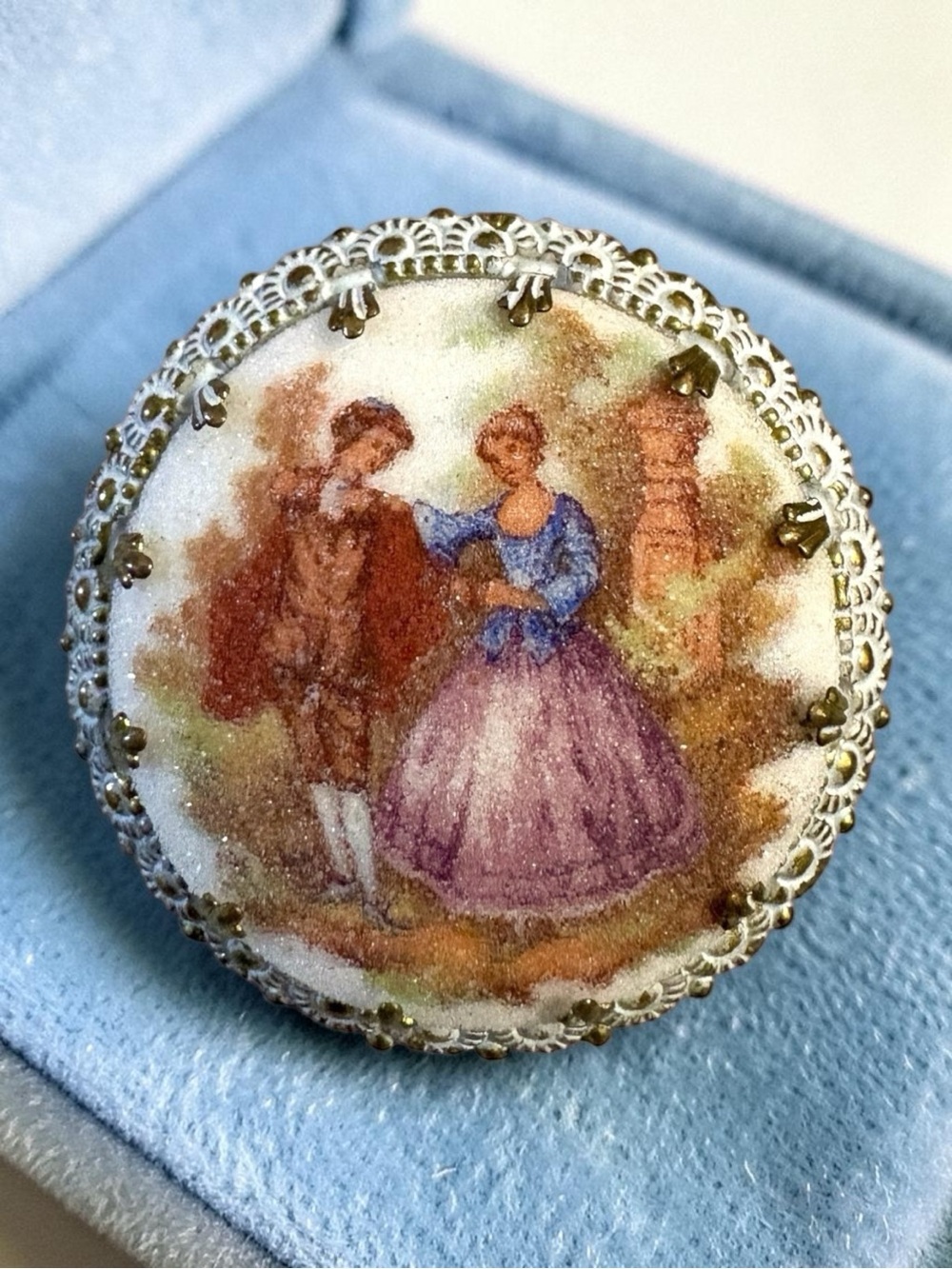 Vintage West German Porcelain Brooch, Fragonard Style Courting Couple
